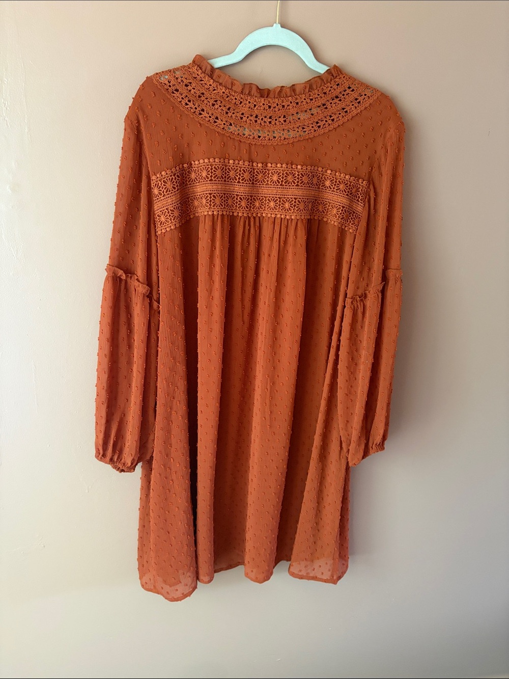 Boho Swiss Dot Crochet Yoke Dress - Rust